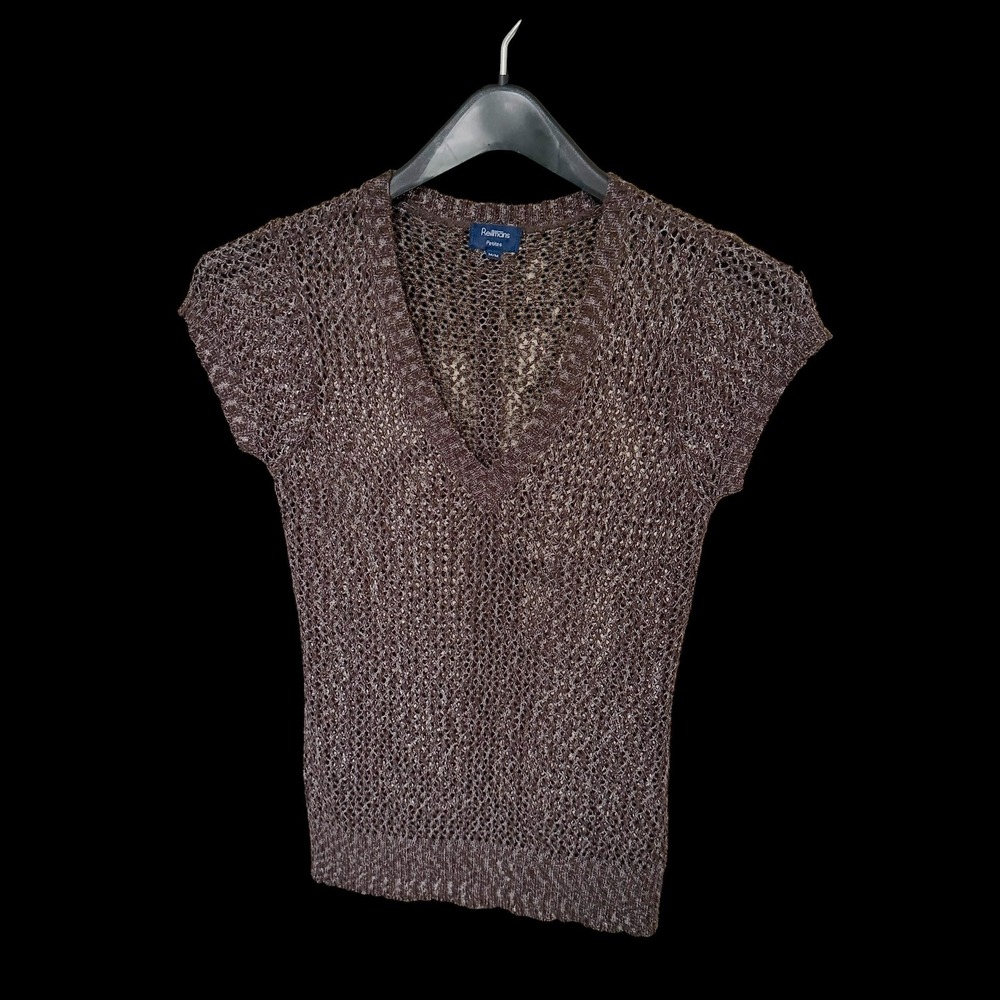 Y2K Reitmans Petites Brown Open Knit V-Neck Short Sleeve Sweater Top Medium‎